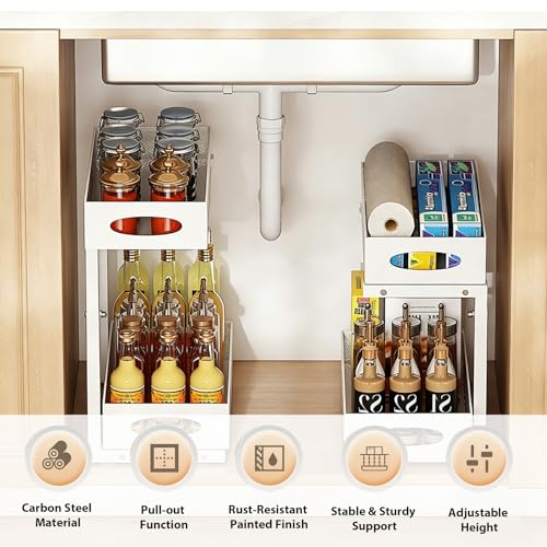 2 Pack Under Sink Organizer, 2-Tier Pull Out Kitchen Cabinet Organizer, Height Adjustable Metal Slide Out Bathroom Organizers and Storage Makeup Drawer Organizer for Office Bedroom(A-White, 2Pack) - color: A-White, size: 2-Pack