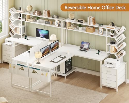 YOMILUVE L Shaped Desk with Hutch, Reversible Computer Desk with Drawers and Bookshelf, Home Office Desks with Storage Shelves for Bedroom Home Office, White - color: White