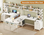 YOMILUVE L Shaped Desk with Hutch, Reversible Computer Desk with Drawers and Bookshelf, Home Office Desks with Storage Shelves for Bedroom Home Office, White - color: White