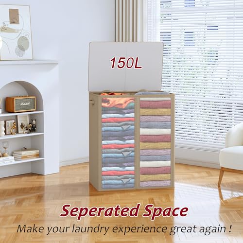 150L Laundry Hamper 2 Section, Large Laundry Hamper with Lid, Dirty Clothes Hamper with 2 Removable Inner Bags, Collapsible Laundry Basket Organizer for for Clothes Toys Towels, Hamper 2 Compartment - color: Oatmeal, size: 150L