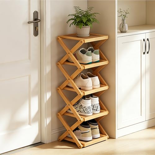 YYW Shoe Rack, Foldable Bamboo Shoes Shelf, Freestanding Shoe Storage Organiser for Entryway, Bedroom, Closet, Hallway - Functional, Natural Shoe Rack (Original, 5 Layers) - color: Original, size: 5 layers