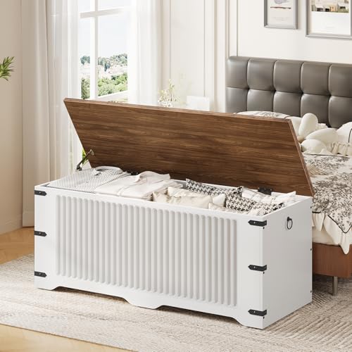 HOOBRO Storage Bench, Toy Box Organizer, Toy Chest with Safety Hinge, Farmhouse Style Storage Chest, 39.3 x 15.7 x 17.7 Inches for Living Room, Bedroom, Entryway, White and Walnut WH26CW01