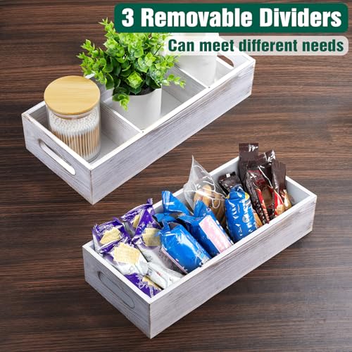 14 Inch Farmhouse White Bathroom Basket with Removable Dividers - 3 Comparments Wood Toilet Paper Basket for Back of Toilet Tank Topper - White Storage Organizer for Bathroom Pantry Organization - color: Rustic White