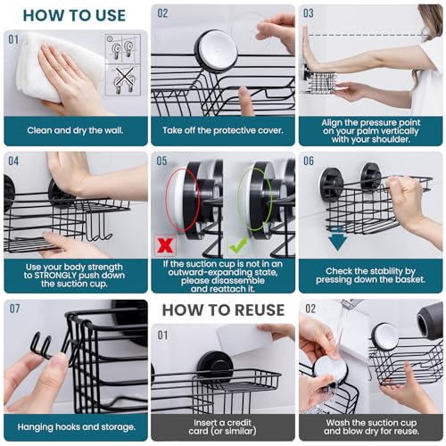 TAILI Shower Caddy Suction Cup, 3 Pack Shelves for Inside with Hooks & Soap holder Toothbrush Cups, Removable Bathroom Organizer, Rustproof Black Holder Storage-Black - style: 3× Black