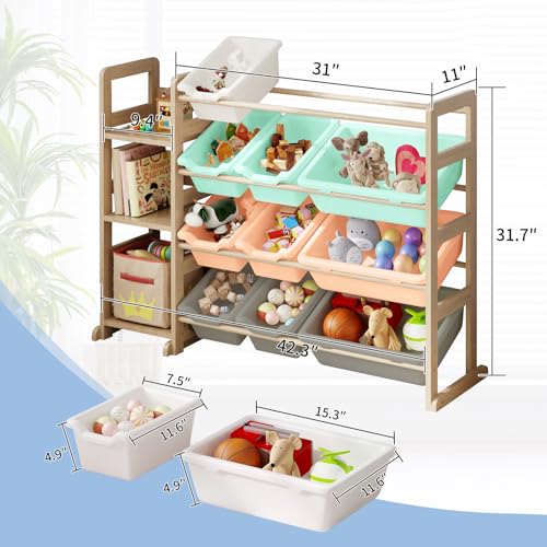 Toy Storage Organizer - Toy Organizers and Storage with Bookshelf, Toy Storage Shelf with 3 Shelves and 12 Storage Bins, Kids Bookshelf and Toy Storage for Kids Room, Playroom, Nursery, Multi color - color: Multi Color, size: 42.2 inches (L) x 11 inches (