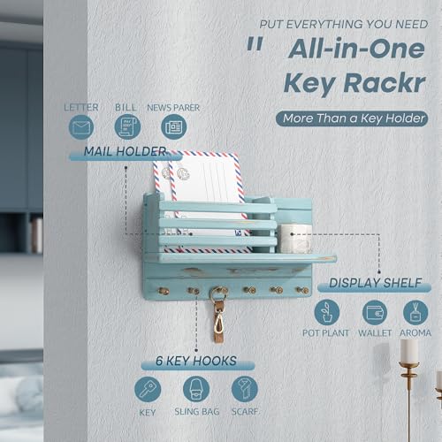 Rebee Vision Pine Wood Key Holder Wall Mount for Home Decor - 6 Hooks for Hats, Essential Home Organizer - Farmhouse Key Holder for Wall Mail Slot Can Store Letters & Files (Blue) - color: Blue