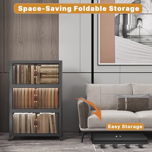 UAMFURI Stackable Storage Bins with Lids 144QT-48QT*3Pack Folding Storage box with Doors and Wheels, Collapsible Plastic Bins Stackable Organizer and Containers for Home, Garage, Office - color: Black, size: 3PACK-20"W12"D34"H
