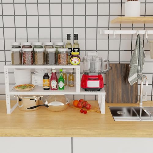 Jojocross Expandable Cabinet Shelf Organizer Storage Spice Rack Shelves for Kitchen Stackable Adjustable Pantry Cupboard Bathroom Countertop Desktop(2Packs/White/Medium-with Hole) - color: 2 Packs/White With Hole, size: MEDIUM:7.88"D x 16.6~26.5"W x 6.1"/
