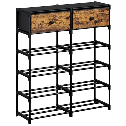 Shoe Rack, 6 Tier Shoe Rack Organizer with 2 Large Drawers, Shoe Storage for 20-24 Pairs, Sturdy Metal Shoe Shelf Shoe Stand for Closet Entryway, Rustic Brown and Black - color: Rustic Brown and Black, size: 6 Tier