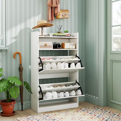 GOFLAME Shoe Storage Cabinet with 2 Flip Drawers, Hidden Shoe Storage Organizer with Adjustable & Removable Shelves, Freestanding Narrow Shoe Rack for Entryway, Hallway, Living Room, White