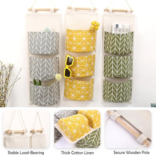 COVRA 3-Pack Wall Hanging Storage Bags – Over-the-Door Organizers with 3 Large Pockets (6.3" × 5.1"), Hanging Closet & Pantry Organizer for Bedroom, Bathroom, Dorm, and More (Green) - color: Green