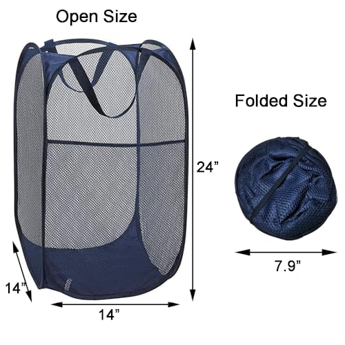 2 Packs Mesh Pop up Laundry Hamper (Black/Navy Blue) with Portable Durable Handles, Collapsible for Storage, Folding Pop-Up Clothes Hampers for Apartment, Home, College Dorm or Travel - color: Black + Blue