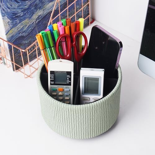 Round Leather Art Supply Organizer,Remote Control Holder,360 Degree Spinning,Multi-Functional Pencil Holder,4 Compartments Desktop Stationary Organizer(1-Wood Green2) - color: 1-Wood Green2