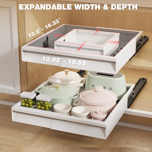 Seinloes 2 Pack Pull Out Cabinet Organizer With Raising Pad for Framed Cabinets,Expandable Width (11"-16") and Depth (13"-17"),3 Slide Rails Slide Out Drawers with Handle,No-Drill Roll Out Shelf,White - color: White, size: 11"-16"W x 13"-17"D(2Pack)