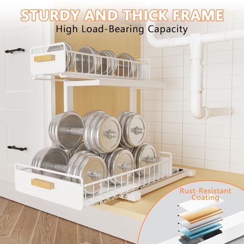 2 Pack Under Sink Organizer with Ball Bearing Sliding Drawer, Heavy Duty Pull Out Cabinet Organizer, 2 Tier Adjustable Storage Rack for Kitchen Bathroom, Space Saving Design, White - color: White, size: 2 Pack Double Layer