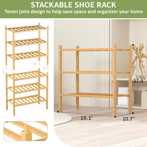 ROMGUAR CRAFT 3-Tier Bamboo Small Shoe Rack, Free Standing Wood Shoe Shelf Storage Organizer for Closet Entryway Stackable (Natural) - color: Natural, size: 3-Tier(Small)