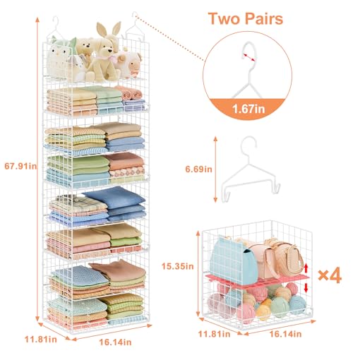8 Tier Extended Width Hanging Closet Organizer, Sweater Storage for Closet Organizer System, Stackable Wire Basket Bins for Clothes Purse Shoes, Hanging Shelves with 4 Hooks & 4 Dividers Adjustable