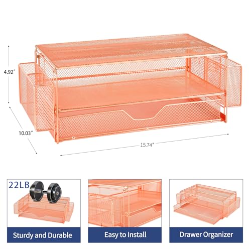 AUPSEN Computer Monitor Stands Riser，2-Tier Desk Organizers and Accessories, Office Desk Accessories Organizer with Drawers and 2 Pen Holder for Office Supplies (Rose Gold) - color: Rose Gold Metal