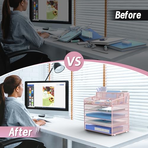 5 Tier Mesh Desk Organizer,Multi Functional Letter Paper Tray with 3 Pen Holders and 5 Adjustable Storage Compartments for Office Supplies Files and Mail Space Saving Desktop Organizer-Pink - color: 5 Tier-pink