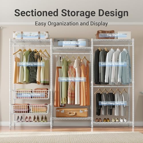 VIPEK V10 Wire Garment Rack 5-Tiers Heavy Duty Clothes Rack Large Size Clothing Rack with 4 Hanging Rods, 6 Wire Shelves and 2 Slid Baskets, 68.9" W x 15.7" D x 76.4" H, Max Load 920 LBS, White - color: White