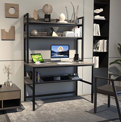Aquzee Desk with Hutch Bookshelves, Computer Desk with 3 Tiers Storage Shelves, Space Saving Design Black Metal Legs Desk with Grey Board, Easy Assemble - color: Grey, size: 47inch