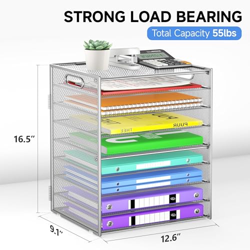 Cawukege 9 Tier Paper Organizer with Handle, Large Capacity Desk Organizer Mesh File Folder Letter Paper Tray Desktop Document Sorter for Classroom, School, and Office Accessories Organization- Silver - color: 1 Pack - Sliver