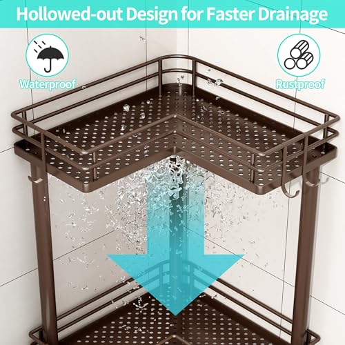 HapiRm Corner Shower Caddy Standing - 3 Tier Shower Organizer Corner with Soap Holder, Rustproof Bathroom Standing Organizer with 4 Hooks, Bronze - color: Bronze, size: 3-tier