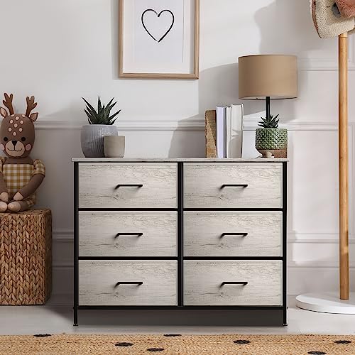 Sorbus Dresser with 6 Faux Wood Drawers - Chest Organizer Unit with Steel Frame Wood Top & Handle Easy Pull Fabric Bins for Clothes - Storage Furniture for Bedroom, Hallway, Living Room & Closet - color: Greige, style: 6 Drawer