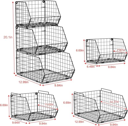 X-cosrack Stackable Wire Baskets for Counter, Fruit and Vegetable Storage, Potato and Onion Storage Bin，Kitchen Pantry Organizer - Wall Basket for Produce/Snack/Can, 3-tier Large, Black - size: 3-tier Large