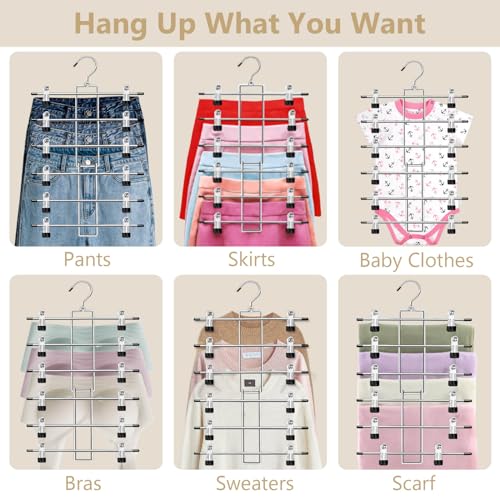 Pants Hangers with Clips,Space Saving Hanging Closet Organizer-6 Tiers Skirt Hangers with 360° Swivel Hook,Closet Organizer-Clothes Hangers- College Dorm Essentials Apartment Essentials- 4 Pack - size: 4 pack