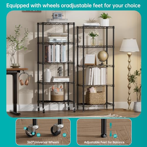 SINGAYE 5 Small Shelf Storage Wire Shelves Closet Bathroom Organizers Metal Pantry Kitchen Garage Shelving Unit Laundry Room Organization Home Narrow Rack Net Basket with Wheels Black - color: Black, size: 5Tier/11.5"D X 17.5"W X 57"H