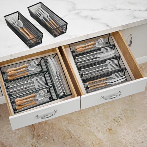 Neudeco Silverware Organizer,Mesh Drawer Organizer for Kitchen，Metal Utensil Organizer for Flatware, Knives, Spoons,Cosmetic (Black 9 * 3 * 2 inch Pack12) - color: Black-12 pack