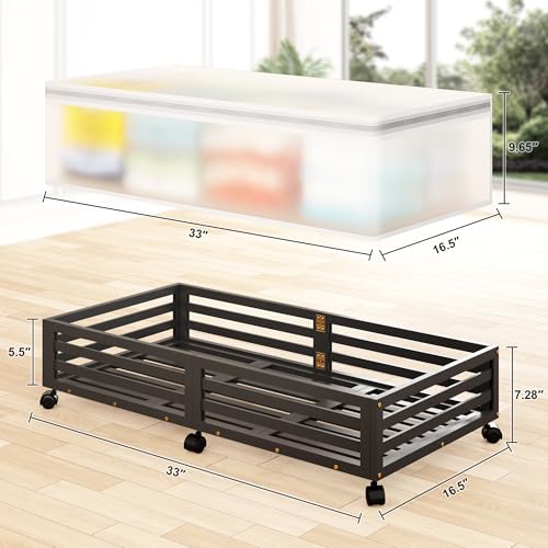 Under Bed Storage Containers With Wheels - 2 Pcs Large Bamboo Wood Rolling Underbed Shoe Storage Bins With Dust Bags for Clothes Blankets, Duvet Covers Snacks Toys (Black) - color: Black, size: L