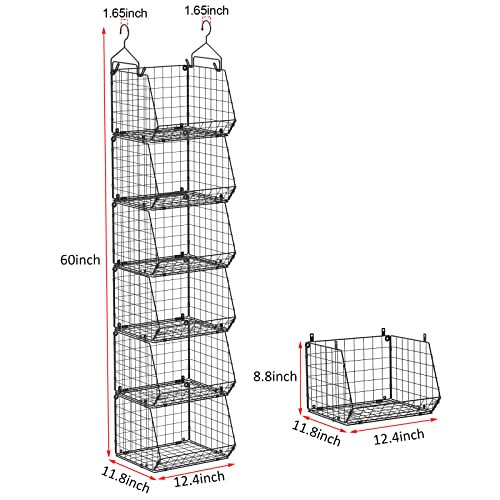 6 Tier Closet Hanging Organizer, Clothes Hanging Shelves with 4 Hanging Hooks 5 S Hooks, Wire Storage Basket Bins, for Clothing Sweaters Shoes Handbags Clutches Accessories Patent Design-Black