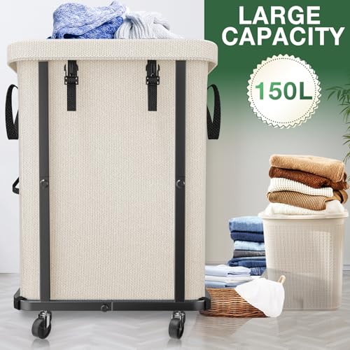 40 Gal(150L) High Grade Large Laundry Basket with Wheels, Rolling Laundry Hamper, Laundry Cart with Metal Frame and Removable Bag Design, Suitable for Laundry Room, Bedroom (White, 150L) - color: White, size: 1 Section 150L