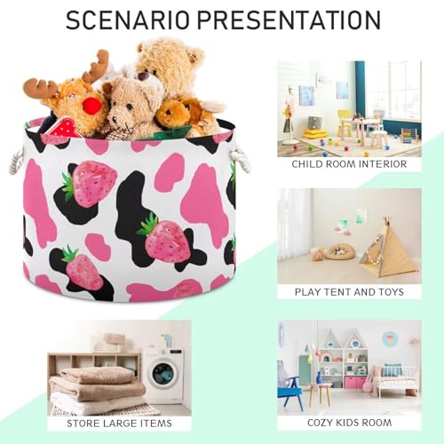 Pink Strawberry Cow Spotted Print Round Storage Basket Large Laundry Hamper 20 x 20 x 14 Inches Organizer Bin with Cotton Rope Handles Clothes Storage Bag for Nursery Bedroom Living Room Decor - color: Pink and Black