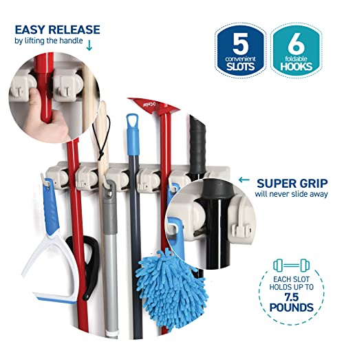 HOME IT Mop And Broom Holder Wall Mount - Garage Storage Systems with 5 Slots, 6 Hooks, 7.5lbs Capacity Per Slot - Garden Tool Organizer For Home, Kitchen, Closet, Garage, Laundry Room - Off-White - color: Off-White, size: 1 Pack 5-position, 6-Hooks