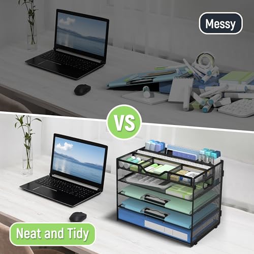 Docnest 5 Tier Metal Desk Organizer - Adjustable Desktop File Tray with Pen Holders & Handles, Heavy-Duty Office Paper Sorter for Documents, Mail, A4 Folders - Black - color: Black