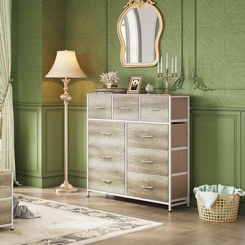 WLIVE 9-Drawer Dresser, Fabric Storage Tower for Bedroom, Hallway, Nursery, Closet, Tall Chest Organizer Unit with Fabric Bins, Steel Frame, Wood Top, Easy Pull Handle, Greige - color: Greige