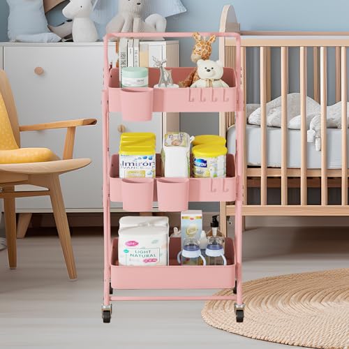 3-Tier Folding Rolling Utility Cart with Wheels, Foldable Storage Cart Organizer with 3 Hanging Cups & 6 Hooks for Kitchen, Office, Living Room, Nursery(Pink) - color: Pink