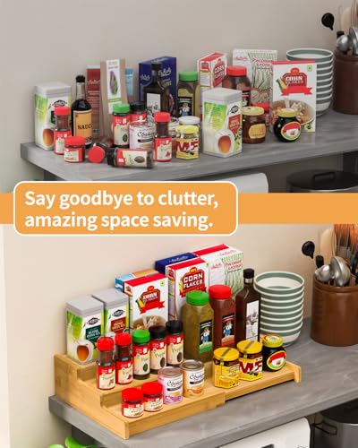 VenDotbi Spice Rack, 3-Tier Expandable Bamboo Spice Rack Organizer for Cabinet, Kitchen, Pantry and Cupboard Storage Organizer(2pack) - color: Bamboo set 2