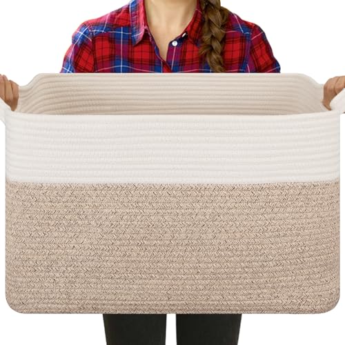 OIASKET Blanket Basket for Living Room, Cotton Rope Basket for Storage, Toy Baskets Bin for kids, Woven Baskets with Handles for Clothes, Towels, Pillows, 20" x 16" x 12", Brown and White - color: Brown & White, size: 19.7"x15.8"x11.8"