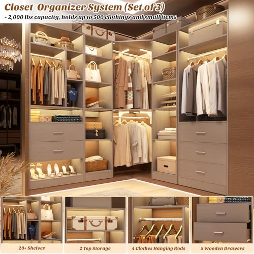 Besiost Corner Closet System with 5 Drawers, Closet Organizer System with 15+Shelvess & 4 Hanging Rods, 63.2"L * 63.2"W / 87.2"L * 39.2"W Reversible L Shaped Walk-in Closets, Load 2500+LBS, Grey - color: Grey, size: 63.2" * 63.2"