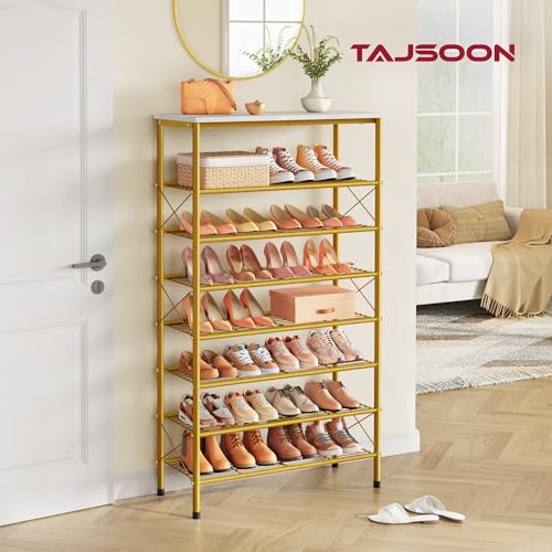 Tajsoon 8 Tier Shoe Rack Organizer for 28-32 Pairs of Shoes, Metal Mesh Shoe Shelf for Closet, Industrial Shoe Rack for Entryway Shoe Storage with X Shape Fixed Frame, White & Gold - color: White & Gold, size: 8-Tier