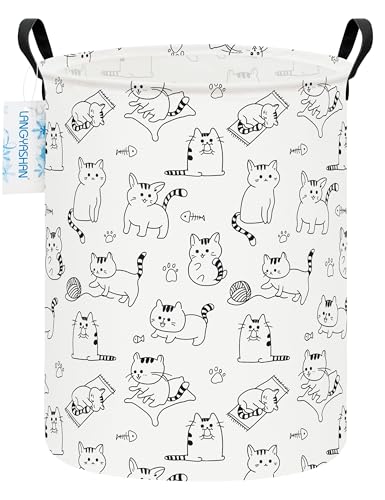 LANGYASHAN Laundry Basket Canvas Fabric Collapsible Organizer Basket for Storage Bin Toy Bins Gift Baskets Bedroom Clothes Children Nursery Hamper (Cat) - color: Round Cat