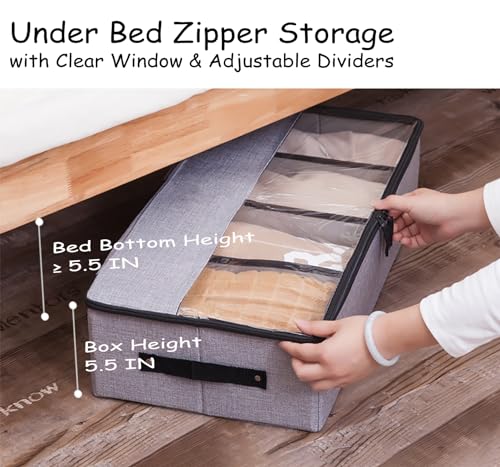 AARAINBOW Foldable Under Bed Clothes Organizer with Lid, Fabric Underbed Storage Container with Adjustable Dividers, Long UnderBed Storage Bins with Handles, Clear Shoes Storage Under Bed (2 Gray) - color: 2 Gray