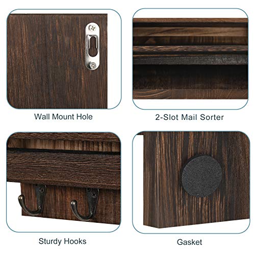BTY Mail Holder for Wall, Wooden Mail Sorter with 4 Key Hooks, 2 Slot Wall Mounted Mail Sorter Letter Bills Newspaper Magazine Organizer for Entryroom Hallway Office Garage, Rustic Brown - color: Dark Brown