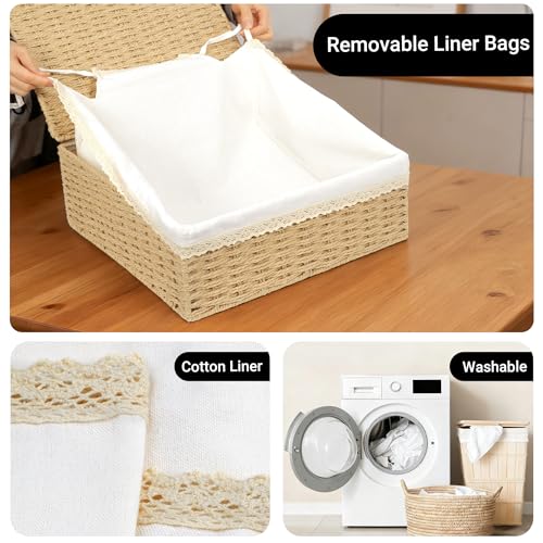 Nonam Large Basket with Lid set of 3, Rattan Divided Baskets Organizer for Shelf, Natural Wicker Storage Basket Bins for Closet, Boho Shelf Decor Covered Basket Home Storage Container - color: Divided Paper* Set of 3