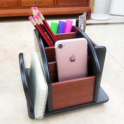 Revolving Remote control caddy,Wooden pen holder for desk office supplies stationery storage, Multi function home & office desktop organizer YCL875R