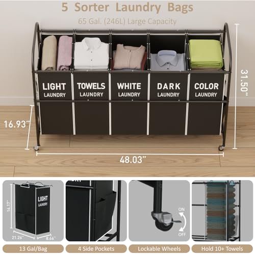 5-Section Laundry Sorter Cart, Large Laundry Hamper with Lockable Rolling Wheels, Versatile Storage Organizer with Removable Bags for Dirty Clothes, Black - color: Black